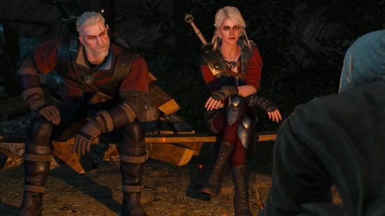 The Witcher 3 Geralt sat with Ciri speaking to someone at a bonfire
