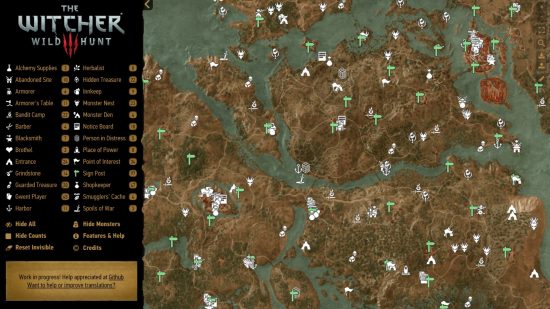 A The Witcher 3 map showing thousands of icons littered on land and sea with a legend on the left and categories on the right.