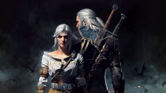 The Witcher 3 maps: Geraltand Ciri stood in art for the Witcher 3. Ciri is facing forward, silver haired, with white top and leather straps. Behind her, facing away and looking over his shoulder is Geralt, two swords on his back, silver hair in a ponytail.