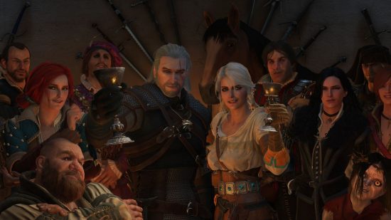 The Witcher 3 Netflix DLC header: Ciri and Geralt with their arms around eachother and glasses raised in celebration in a crowd of characters from the Witcher 3, all looking at the camera. Geralt is an older gent with greey hair, scars, and black leather outfit. Ciri is a woman in a white blouse with silver hair.