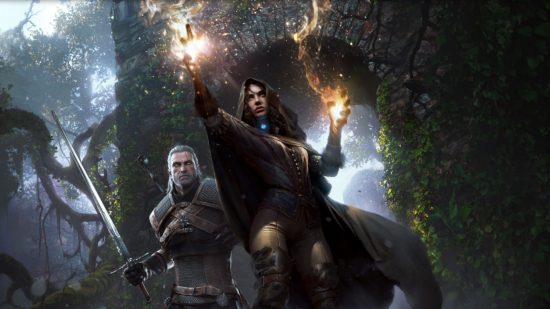 The Witcher 3 Yennefer: Art for the Witcher 3 showing Yennefer and Geralt, the former casting spells, the latter with a sword in hand.