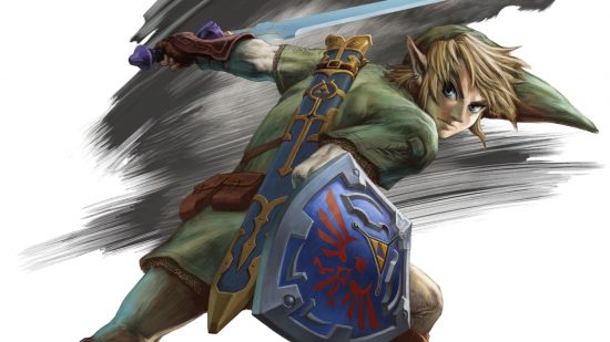 Twilight Princess Switch: Link against a painted streak of grey, lunging to the right, head over his shoulder towards the camera, shield with blue and red markings in right hand, purple-hilted sword in left, green tunic and hat on.