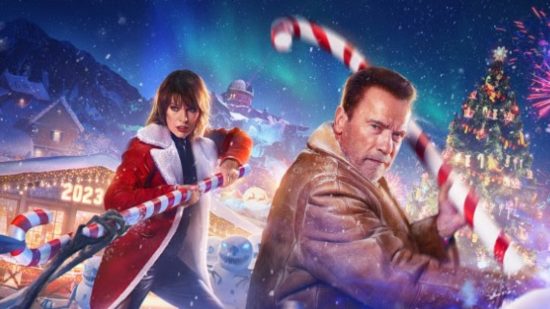 World of Tanks Arnold Schwarzenegger and Milla Jovovich holding candy cains and fighting snowman with a christmas tree in the background