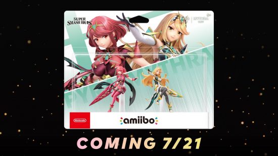 Xenoblade Chronicles amiibo: figures for Pyra and Mythra appear in a double pack, alongside the text "coming 7/21" 