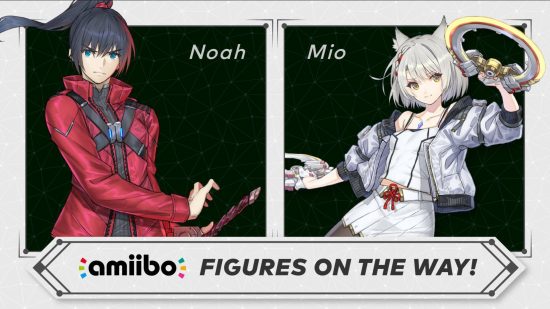 Xenoblade Chronicles amiibo: promotional art shows character art for Noah and Mio, alongside the text "amiibo figures are on the way"