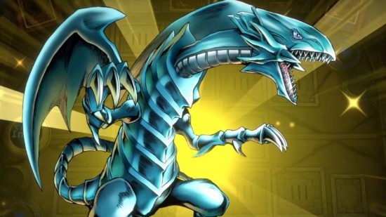 Screenshot of Blue Eyes WHite Dragon battle animation for Yu-Gi-Oh! Master Duel challenger cup news