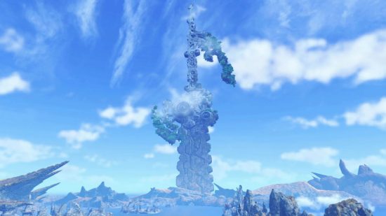 2022 Ben Johnson year-in-review: a large stone sword towards out of the land in a massive landscape shot from Xenoblade Chronicles 3. The sky is lightly clouded and bright blue.