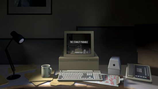 2022 Ben Johnson year-in-review: a dark office room with an old, wide computer monitor on a desk, showing the words The Stanley Parable.