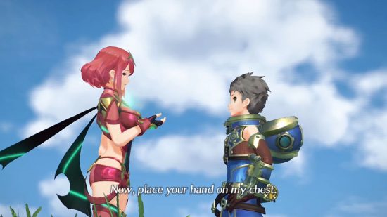 2022 Ben Johnson year-in-review: Rex, a boy from Xenoblade Chronicles 2 wearing a blue divers suit, opposite Pyra, a woman with red hair and a small amount of red, futuristic clothing, against a cloud blue sky. She is asking Rex to touch her chest.