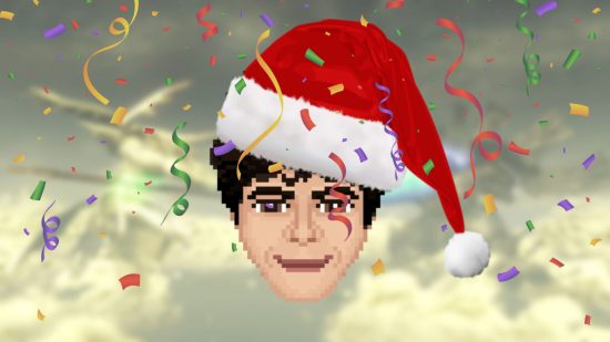 2022 Ben Johnson year-in-review: a png of a silly looking man with black hair in a Christmas hat, all done like 16-bit pixel art, against a cloudy and blurry background with confecting coming down over it all.