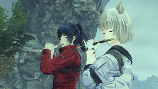 2022 Ben Johnson year-in-review: Mio and Noah from Xenoblade Chronicles 3. They are playing their flutes. Noah wears a red jacked, Mio a silver one.