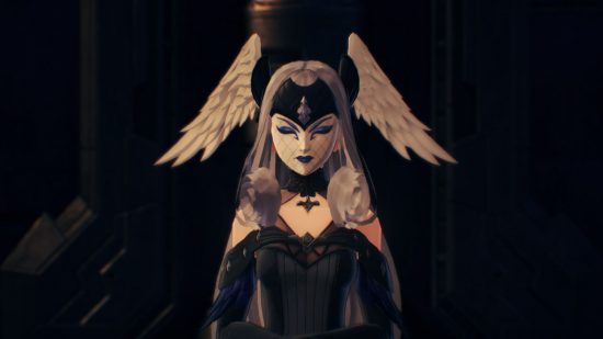 2022 Ben Johnson year-in-review: The Queen from Xenoblade Chronicles 3. She has wings on her head, long silver hair, and a white and black mask over her whole face. She is wearing a gothic black dress.