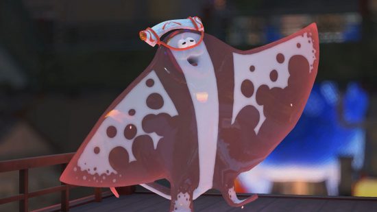 2022 Pocket Tactics year-in-review: A large manta ray type thing from Splatoon 3. they are brown and white and have a big silly cartoon face.