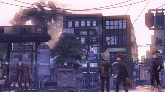 2022 Pocket Tactics year-in-review: two boys look up at a large mech standing behind apartment blocks in a scene from 13 Sentinels Aegis Rim.
