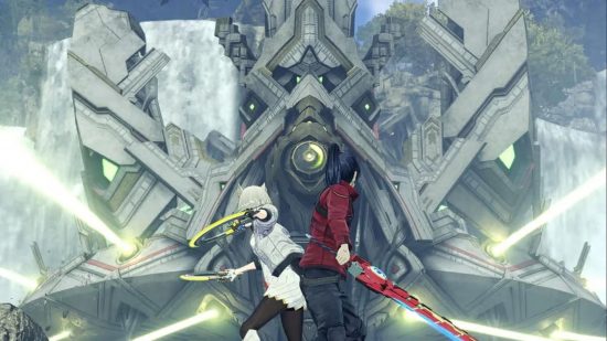 2022 Pocket Tactics year-in-review: Two characters from one of the Xenoblade Chronicles 3 trailers, one man in red with a red sword, one woman in white with yellow discs in her hand, facing up in battle poses against a large mechanical enemy.