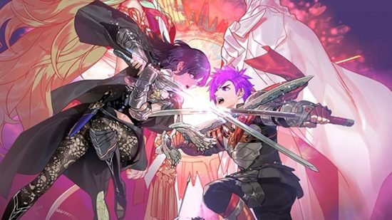 2022 Pocket Tactics year-in-review: Art for Fire Emblem Warriors: Three Hopes showing two mercenaries clashing, with other characters in the background.