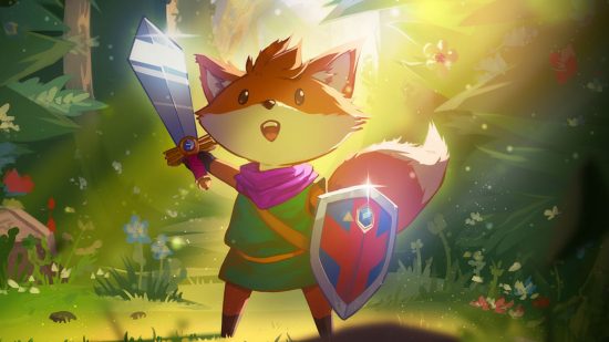 2022 Pocket Tactics year-in-review: art for Tunic showing a fox in a green tunic with a blue shield and a sword raised in a forest, magically lit.