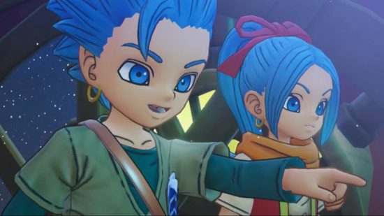 2022 Pocket Tactics year-in-review: Erik and Mia in the Dragon Quest Treasures trailer, looking wide eyed up at the camera.