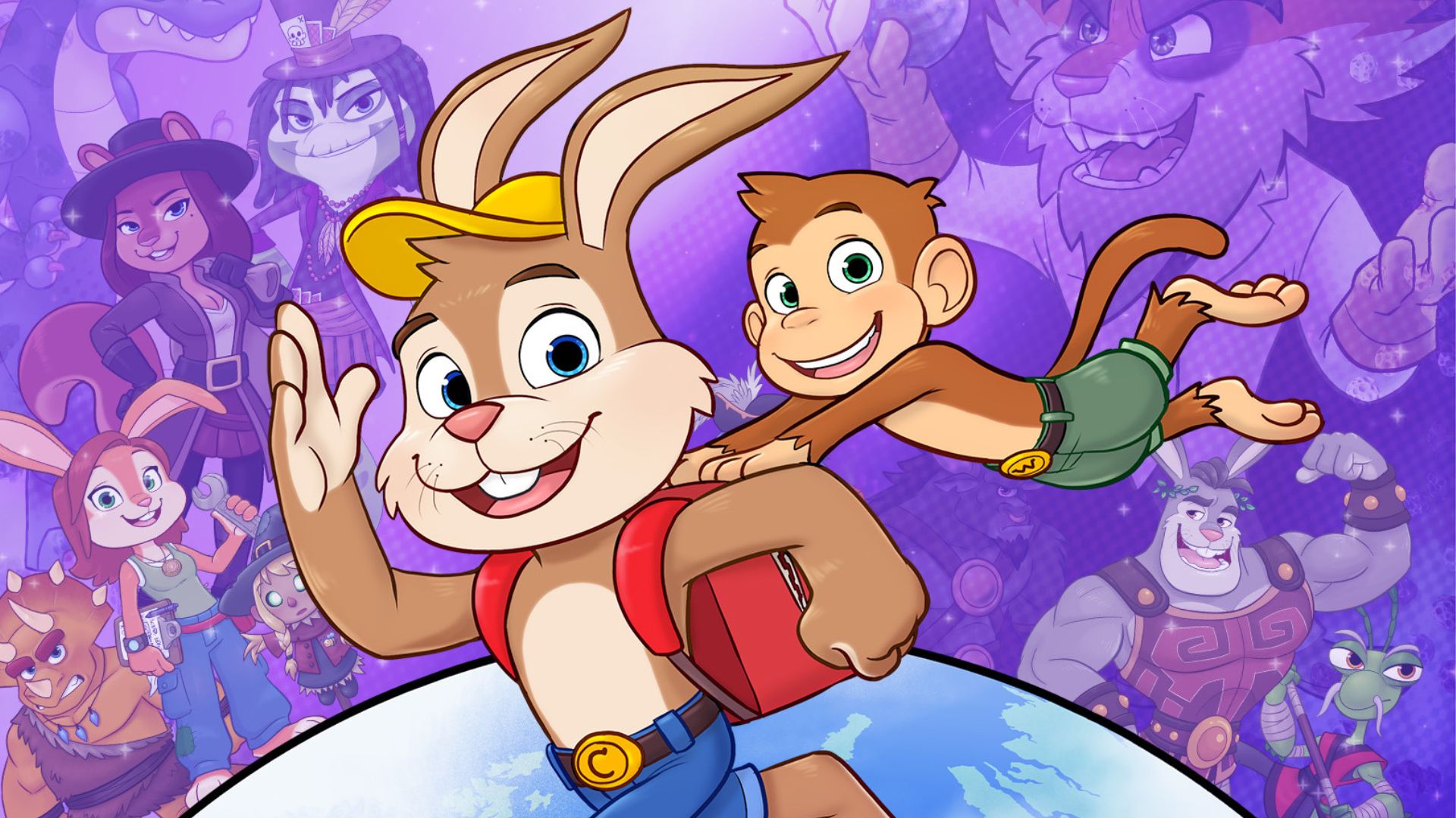 Clive N Wrench: Official art of Clive the rabbit and Wrench the monkey smiling at the camera