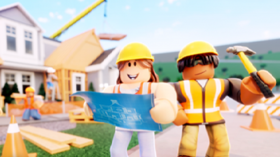 Roblox Bloxburg Embracer acquisition: key art shows characters from the game Welcome To Bloxburg, two Roblox avatars in builder outfits