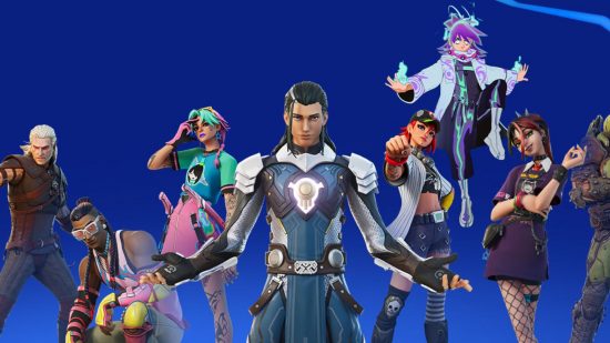 Fortnite characters: a bunch of Fortnite characters against a blue background, from punky, skater types to large iron man looking superhero fellas. Like the worst halloween party.