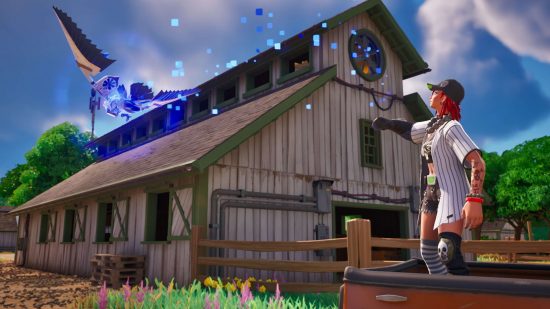 Fortnite download: a character looks wistfully at a blue bird flying in front of a large barn.