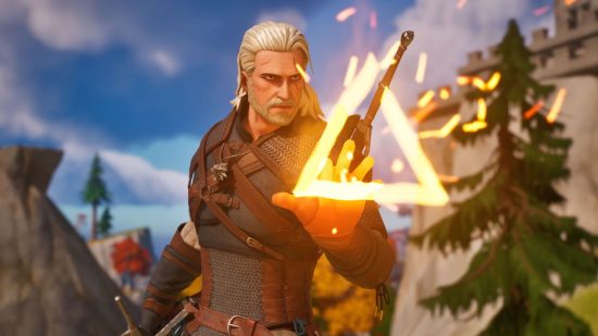 Fortnite download: Geralt from the Witcher in a cartoony art style in Fortnite, casting a triangular symbol of flame with his hand. He is a grey haired man with armour and two swords on his back.