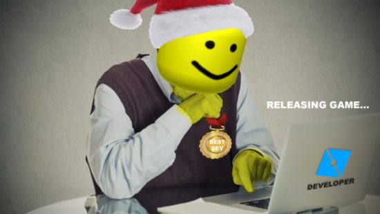 Make Roblox Games To Become Rich and Famous codes: A Lego man in a santa hat staring at a computer.