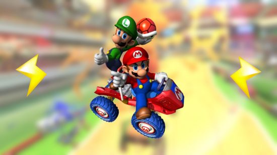 Mario and Luigi in karts on a blurred background for news about Mario Kart lightning news.