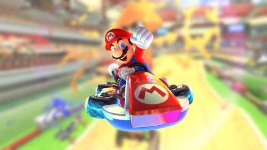 Nagłówek DLC Mario Kart Wave 4 przedstawiający Mario, mężczyznę w niebieskich ogrodniczkach i czerwonym kapeluszu, w futurystycznym gokarcie, który też jest czerwony i ma na sobie literę M.  Mario świętuje w górę, nałożony na rozmyte żółto-pomarańczowe i zielone tło.