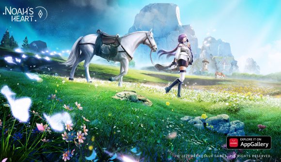 A woman leads a horse across a green field