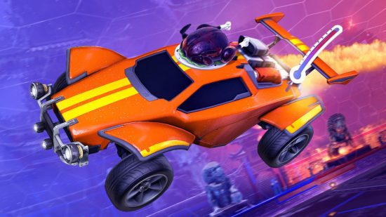 Rocket League Ranks: A bright orange car with a cooked turkey on top of it