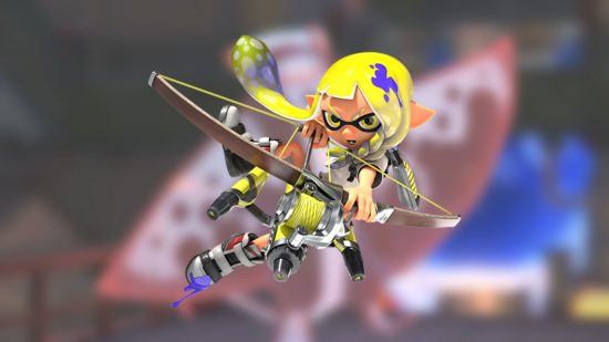 Splatoon 3 Big Run art of a yellow haired character with a bo jumping in the air against a blurred background.