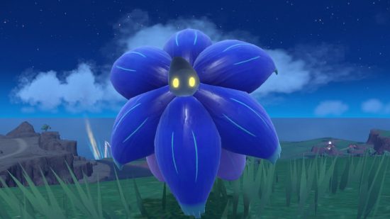 Zbliżenie nowego pokemona, Glimmora, który wygląda jak kwiat