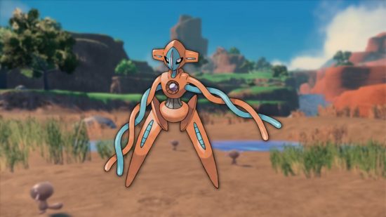 Deoxys, the fastest Pokémon, on a background of Paldea