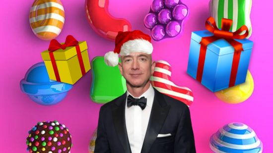 Custom image for Amazon Prime Gaming holiday news with Jeff Bezos alongside a couple of presents on a Candy Crush background