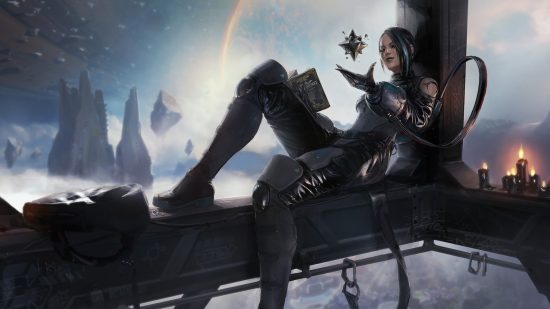 Apex Legends tier list: Official art of Catalyst sitting on a ledge reading a book with a cosmic skyline behind her.