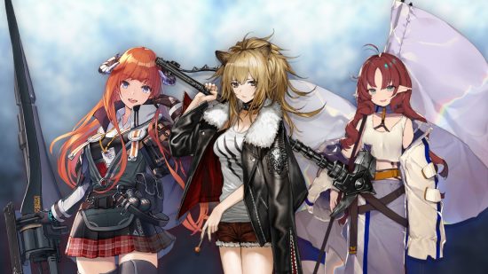 Arknights tier list: Three Arknights Vanguards from left to right: Bagpipe, Siege, and Myrtle.
