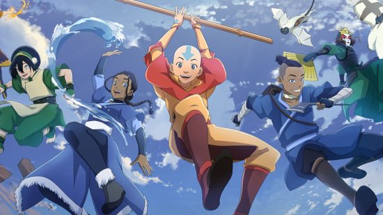 Key art for Avatar Generations gameplay trailer and release date article with Aang and other characters heading into action on screen