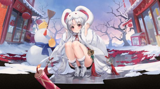 Azur Lane tier list: Chang Chang from Azur Lane in her winter/Lunar New Year skin, crouching in the snow next to a snowman.