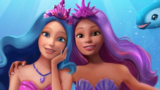 Barbie games: Two Barbie mermaids, one with light skin and blue hair, and one with dark skin and purple hair, sitting next to each other under the ocean.