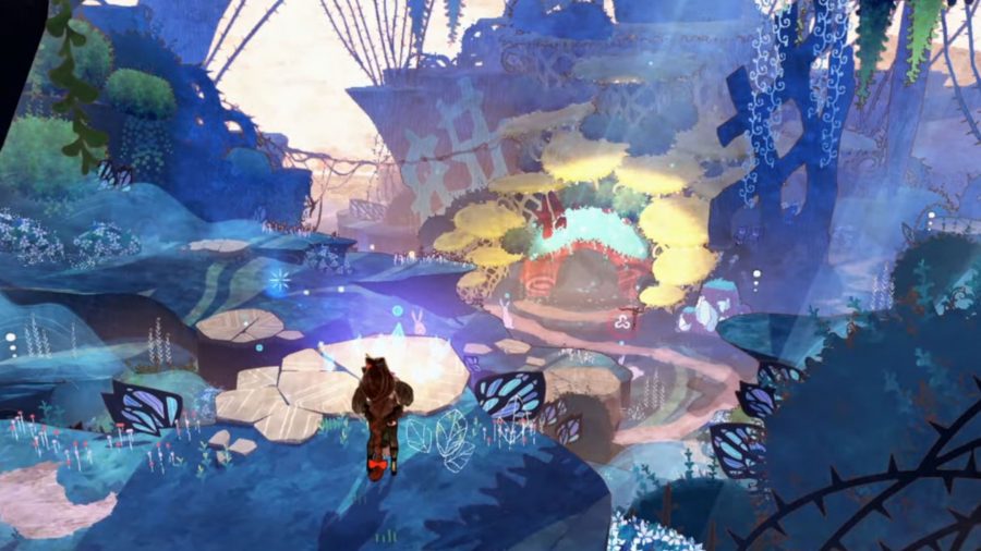 Bayonetta Origins - a screenshot of Cereza stood in a stylised, fantasy landscape