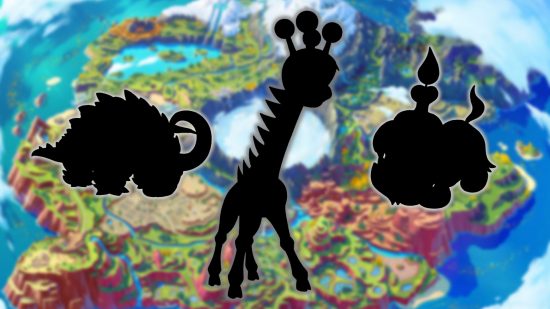 Three of the best Gen 9 Pokemon's silhouettes against the Paldea map