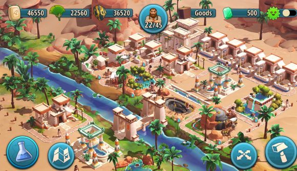 Best history games: Rise of Cultures. Image shows a bustling settlement by a river.
