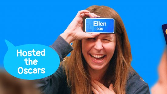 The best party games: A graphic of a blonde haired white woman playing Heads Up! She's holding a phone on her head that says 'Ellen', and a blue speech bubble to the left says 'Hosted the Oscars!'