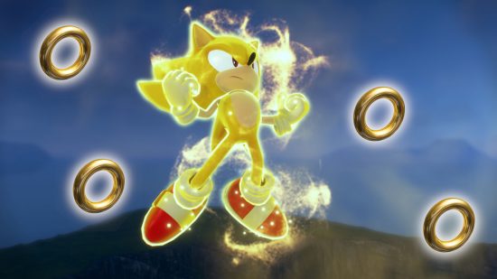 Best Sonic games: Super Sonic floating in the air surrounded by yellow lightning, and several gold rings dotted around him.