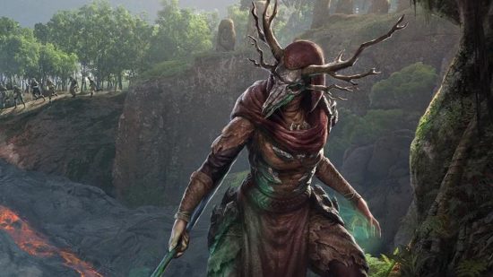 Bethesda mobile game: art from the Elder Scrolls showing a character with fabric armour on and an animal shaped mask wiedling a weapon and standing far in front of a distant cliff.
