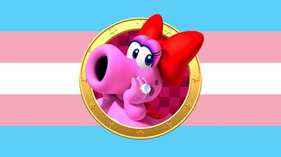 Birdo gender: Birdo in a gold medal on top of the trans flag, a flag with two light blue horizontal stripes, two light pink horizontal stripes, and a white horizontal stripe.