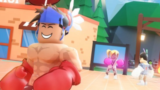 Boxing Simulator codes - a smiling boxeer with his shirt off while two people fight in the background