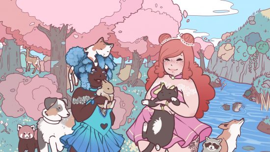 Calico Pawsome Edition release date -- two people stand in a pastel pink and blue forest surrounded by animals like dogs, foxes and cats. On the left, a woman with bushy blue hair and blue dress, holding a rabbit with a cat sat in her hair, while on the right a ginger woman with hair down her back holds a podgy looking cat and wears a pink dress.